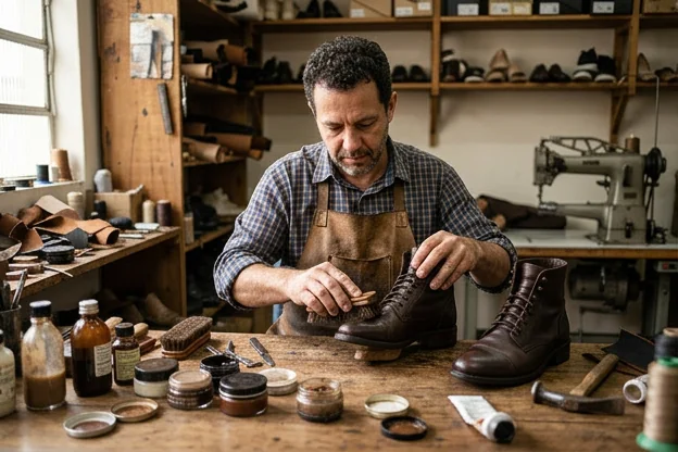 Profissional aplicando produtos de limpeza em sapatos para manutenção.