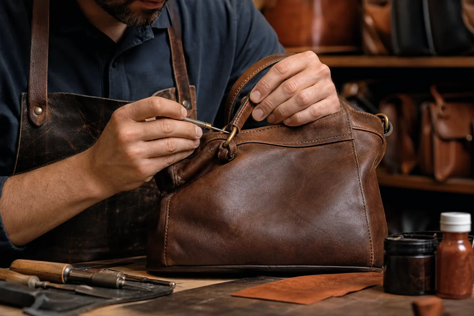 Profissional realizando reforma em bolsa de couro com ferramentas de trabalho.