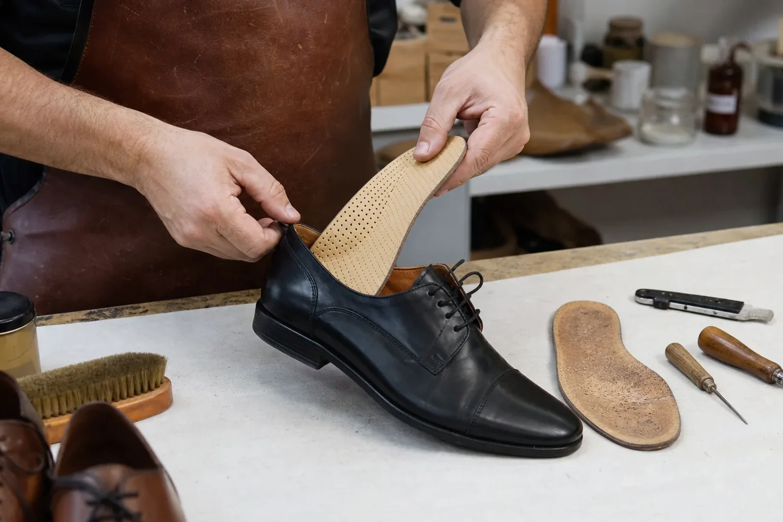 Profissional substituindo palmilha de sapato para maior conforto.