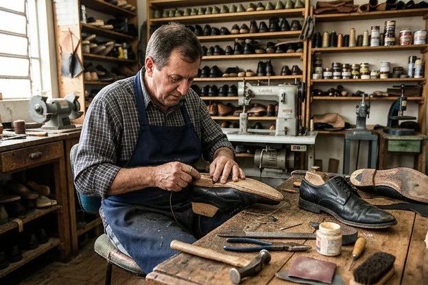Sapateiro realizando reformas em sapatos sociais de forma meticulosa.
